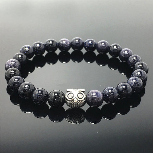 Natural Blue Sandstone Gemstone Handmade Beaded Bracelet Adjustable Bracelet Owl Design