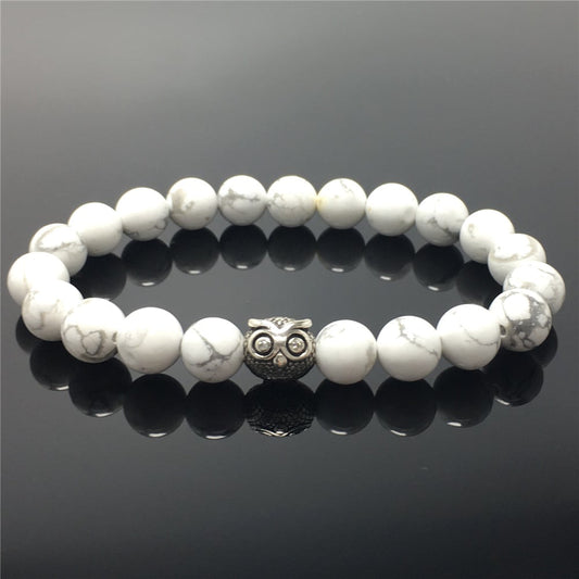 Natural Howlite Gemstone Handmade Beaded Bracelet Adjustable Bracelet Owl Design