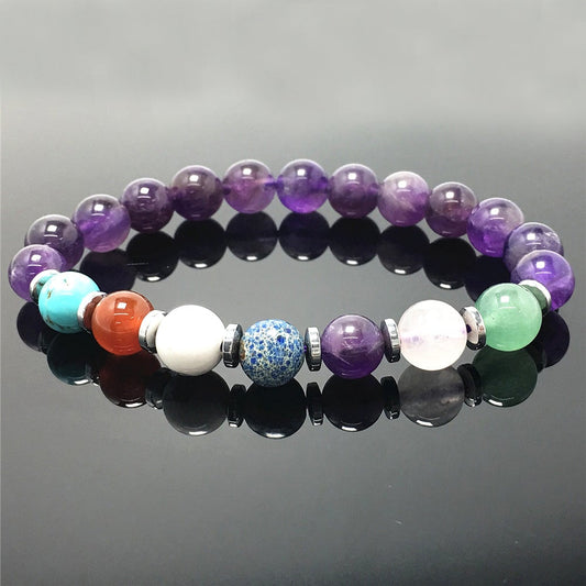 Genuine 7 Chakra Healing Gemstone With Amethyst Beaded Bracelet