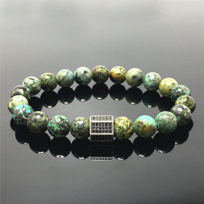 African Turqoiuse Stone Beads with Black Striped CZ Charms Elastic Rope Handmade Bracelets