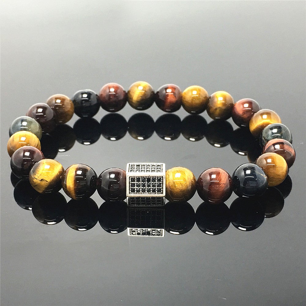Multi Color Tigereye Stone Beads with Black Striped CZ Charms Elastic Rope Handmade Bracelets