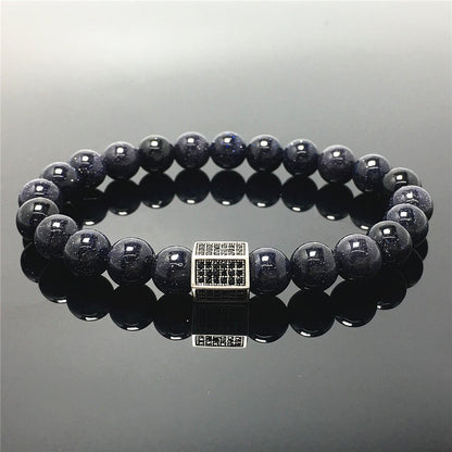 Black Striped CZ Charms Blue Sandstone Stone Beads Elastic Rope Handmade Bracelets