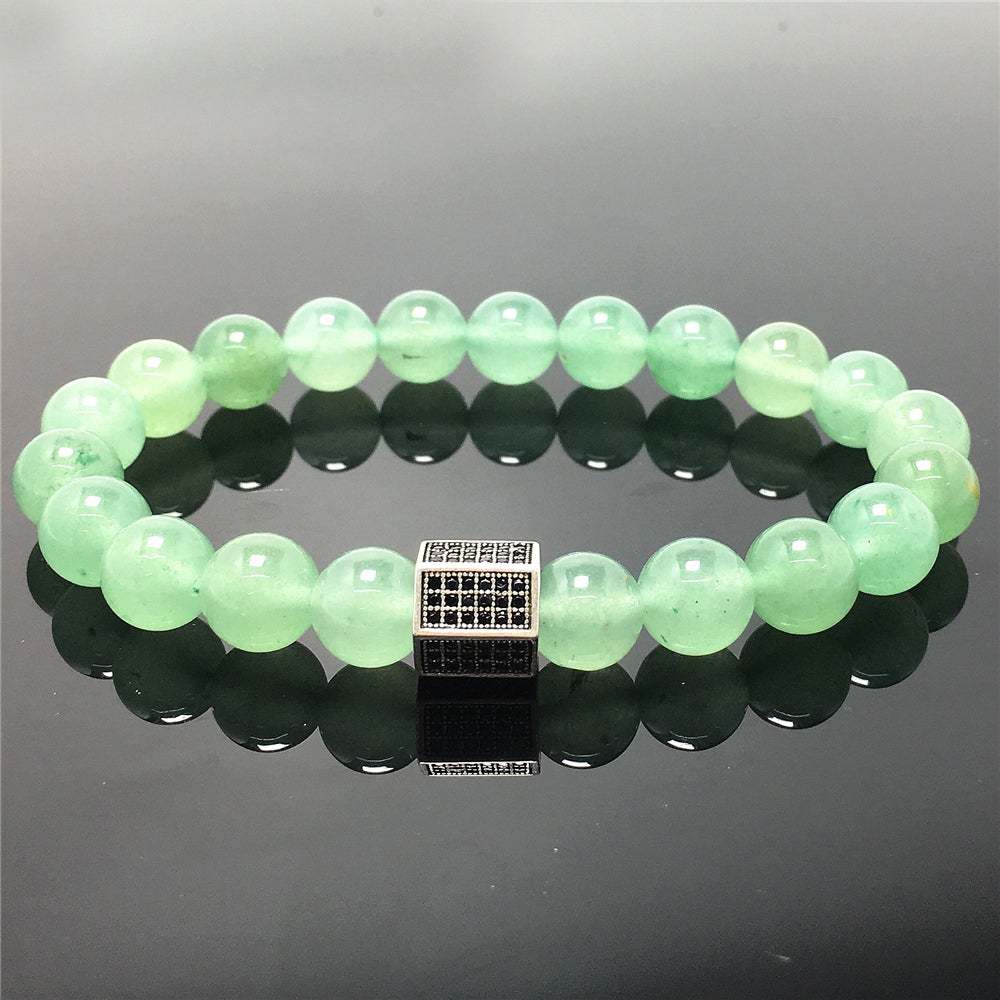 Black Striped CZ Charms Green Adventurine Stone Beads Elastic Rope Handmade Bracelets