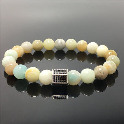 Amazonite Stone Beads with Black Striped CZ Charms Elastic Rope Handmade Bracelets