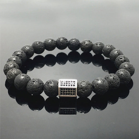 Lava Stone Beads with Black Striped CZ Charms Elastic Rope Handmade Bracelets