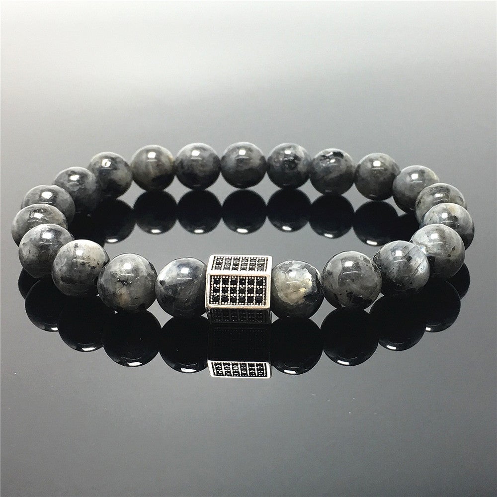 Labradorite Stone Beads with Black Striped CZ Charms Elastic Rope Handmade Bracelets
