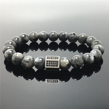 Labradorite Stone Beads with Black Striped CZ Charms Elastic Rope Handmade Bracelets