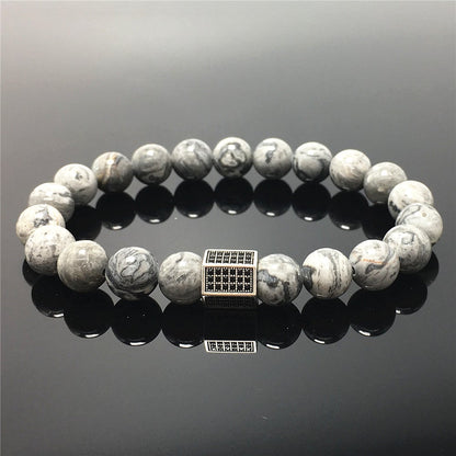 Map Stone Beads with Black Striped CZ Charms Elastic Rope Handmade Bracelets