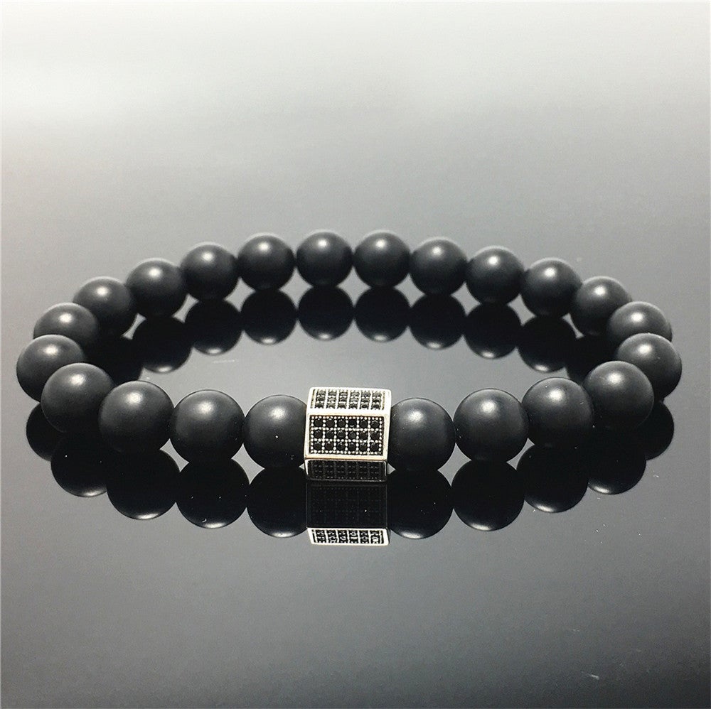 Black Matte Onyx Stone Beads with Black Striped CZ Charms Elastic Rope Handmade Bracelets