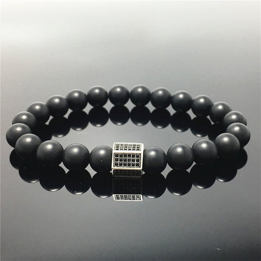 Black Matte Onyx Stone Beads with Black Striped CZ Charms Elastic Rope Handmade Bracelets
