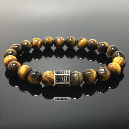 Black Striped CZ Charms Tiger Eye Stone Beads Elastic Rope Handmade Bracelets