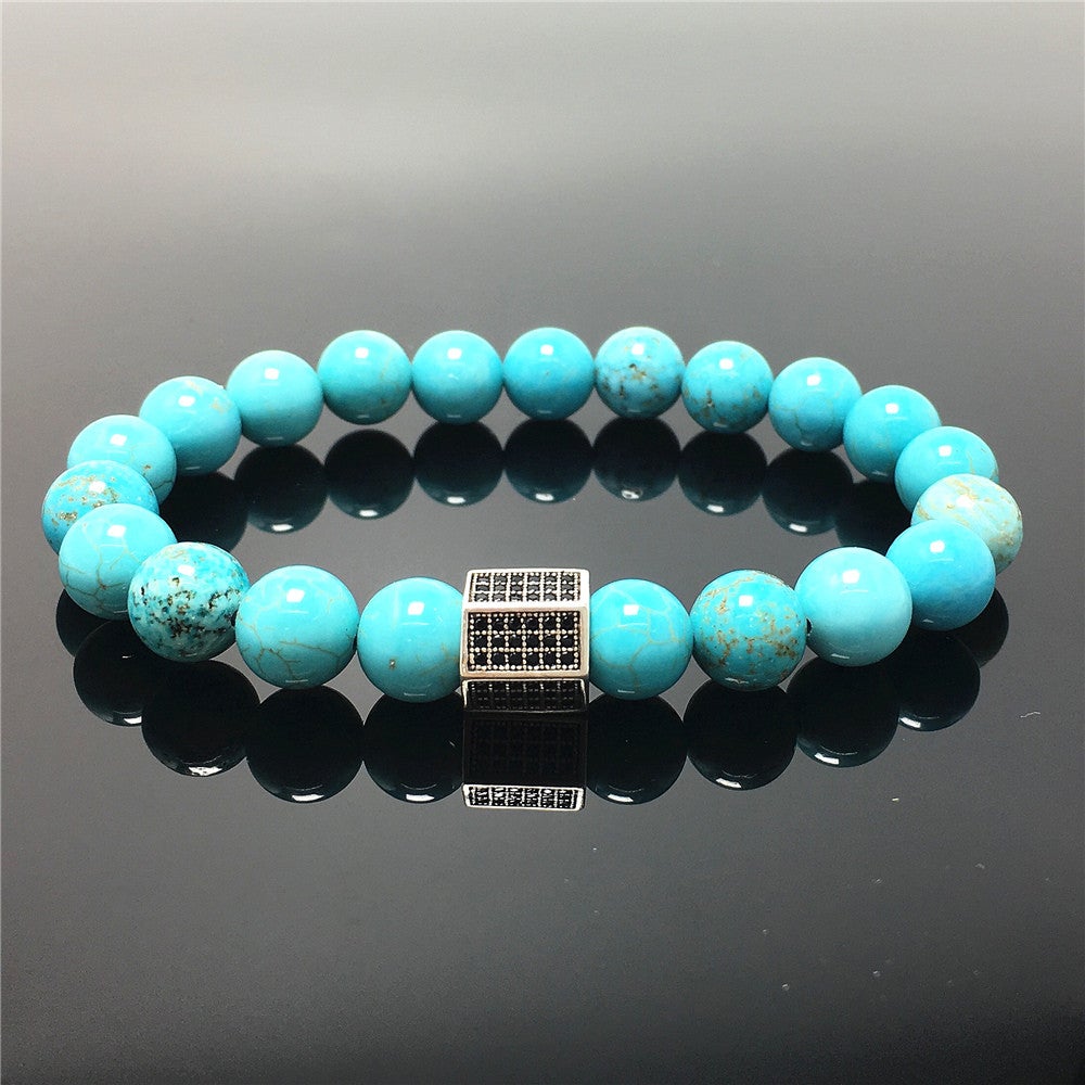 Blue Turqouise Stone Beads with Black Striped CZ Charms Elastic Rope Handmade Bracelets