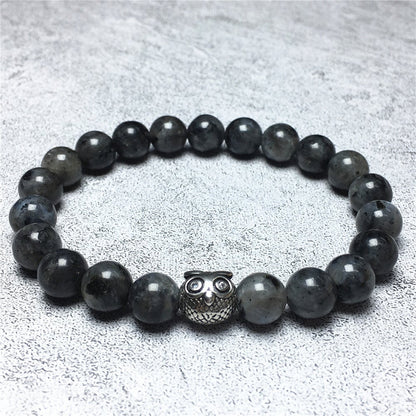 Natural Labradorite Gemstone Elastic Handmade Beaded Bracelet Adjustable Bracelet Owl Design