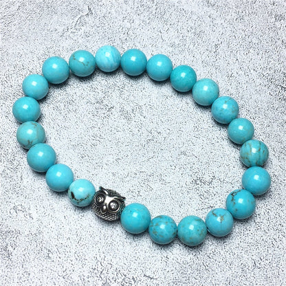 Natural Blue Turquoise Gemstone Elastic Handmade Beaded Bracelet Adjustable Bracelet Owl Design