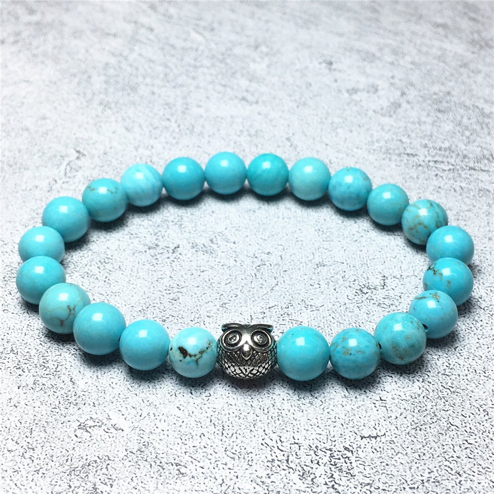 Natural Blue Turquoise Gemstone Elastic Handmade Beaded Bracelet Adjustable Bracelet Owl Design