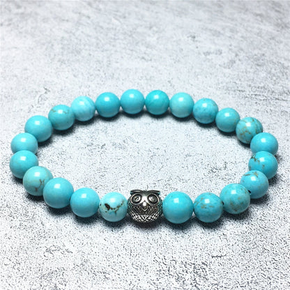 Natural Blue Turquoise Gemstone Elastic Handmade Beaded Bracelet Adjustable Bracelet Owl Design