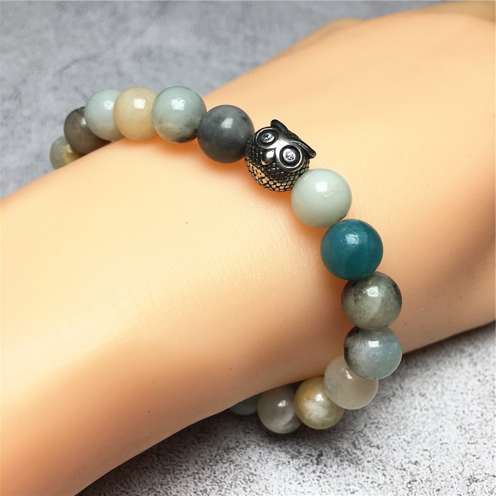 Natural Amazonite Gemstone Elastic Handmade Beaded Bracelet Adjustable Bracelet Owl Design