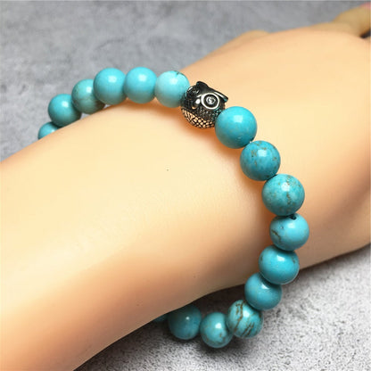 Natural Blue Turquoise Gemstone Elastic Handmade Beaded Bracelet Adjustable Bracelet Owl Design
