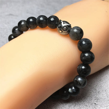 Natural Labradorite Gemstone Elastic Handmade Beaded Bracelet Adjustable Bracelet Owl Design