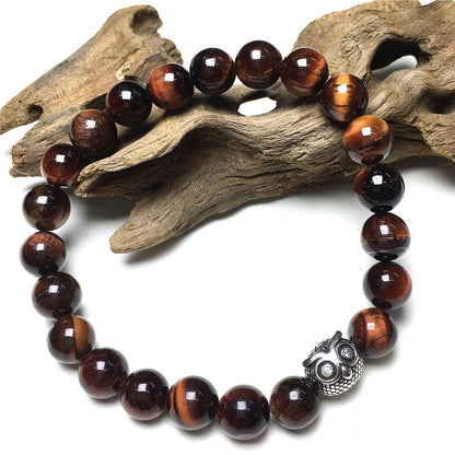Natural Red Tiger Eyes Gemstone Elastic Handmade Beaded Bracelet Adjustable Bracelet Owl Design