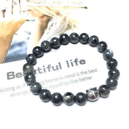 Natural Labradorite Gemstone Elastic Handmade Beaded Bracelet Adjustable Bracelet Owl Design