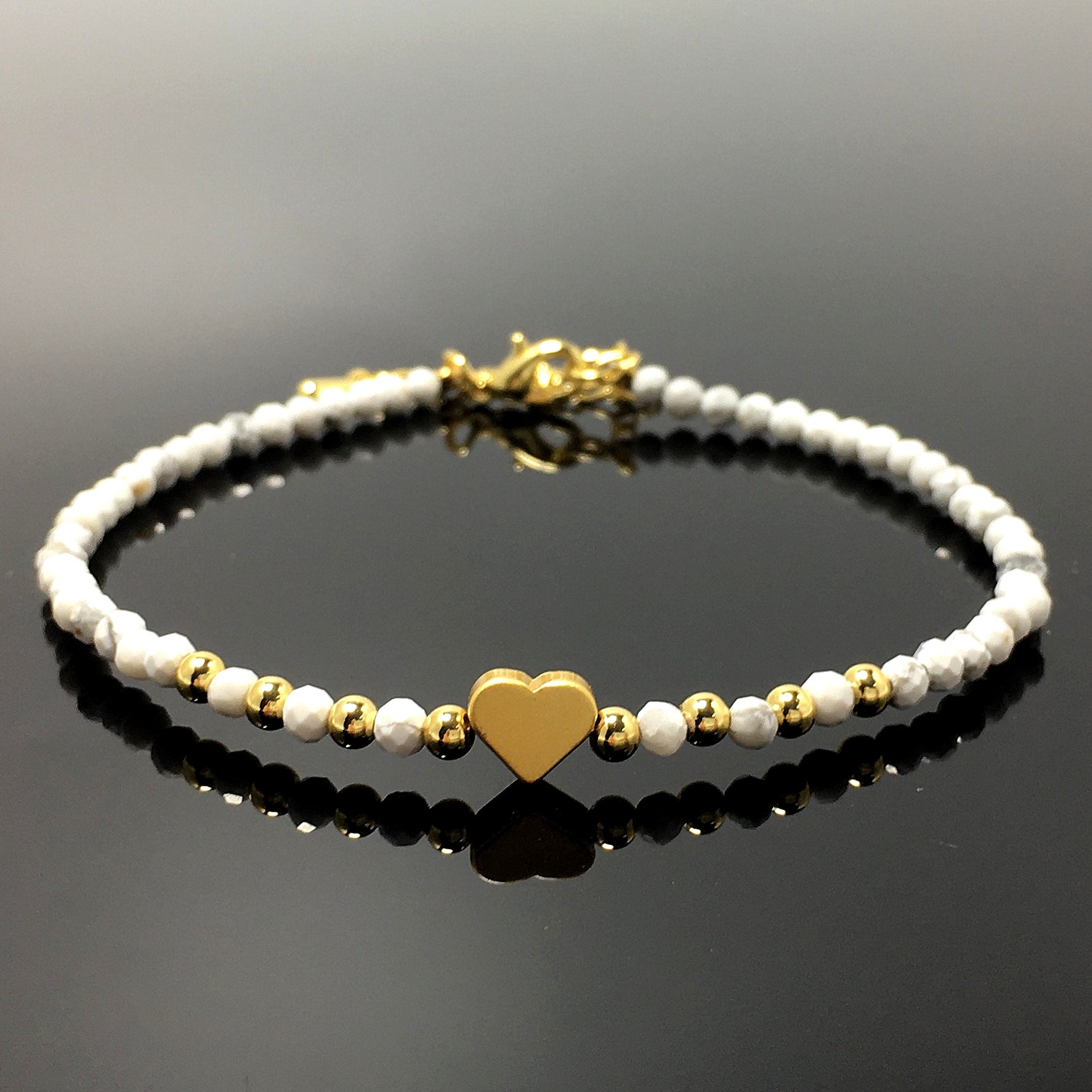 Howlite Gemstone Adjustable tiny Beads Gemstone Bracelet with Love Heart Charm