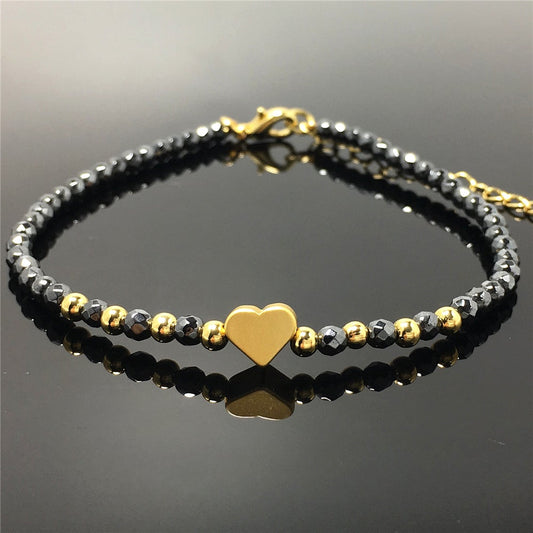 Hematite Gemstone Adjustable Tiny Beads Gemstone Bracelet with Love Heart Charm