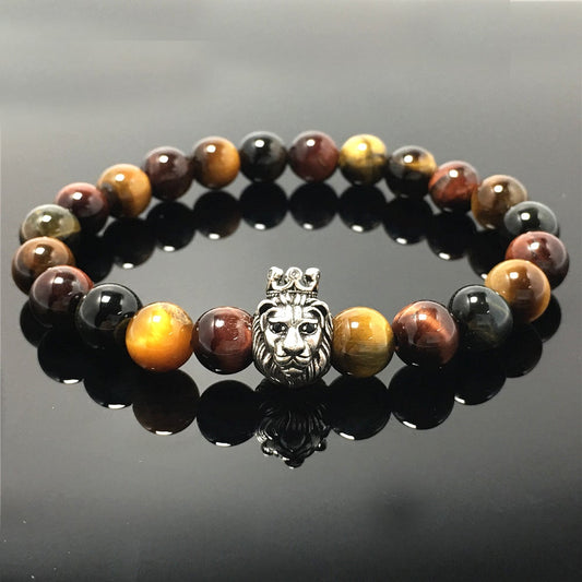 Natural Colorful Tiger Eyes Gemstone Bracelet Beaded Adjustable Bracelet Lion King Design