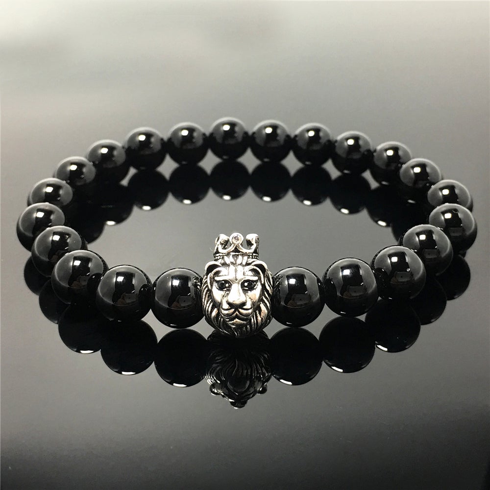 Natural Black Onyx Gemstone Bracelet Beaded Adjustable Bracelet Lion King Design