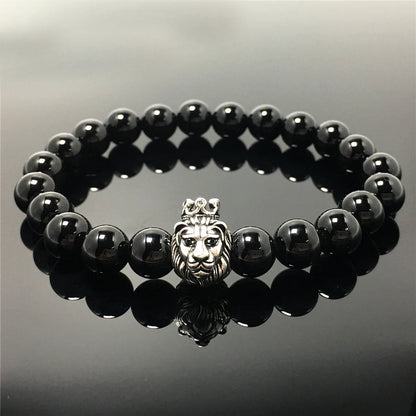 Natural Black Onyx Gemstone Bracelet Beaded Adjustable Bracelet Lion King Design