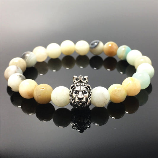 Natural Amazonite Gemstone Bracelet Beaded Adjustable Bracelet Lion King Design