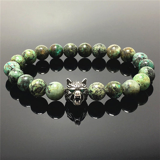 Natural African Turquoise Gemstone with Wolf Charm Spacer Bracelets Elastic Stretch Bracelet