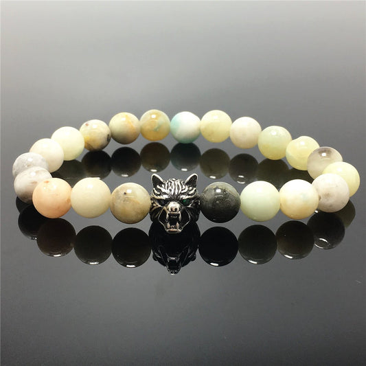 Natural Amazonite Gemstone with Wolf Charm Spacer Bracelets Elastic Stretch Bracelet
