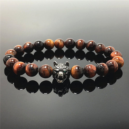 Natural Red Tiger Eyes Gemstone with Wolf Charm Spacer Bracelets Elastic Stretch Bracelet