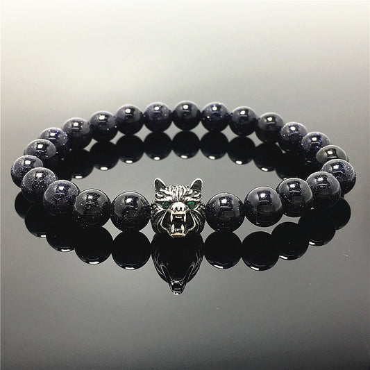 Natural Blue Sandstone Gemstone with Wolf Charm Spacer Bracelets Elastic Stretch Bracelet