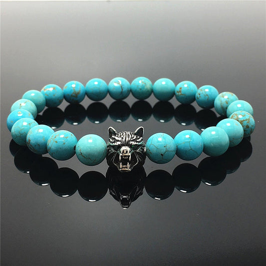 Natural Blue Turquoise Gemstone with Wolf Charm Spacer Bracelets Elastic Stretch Bracelet