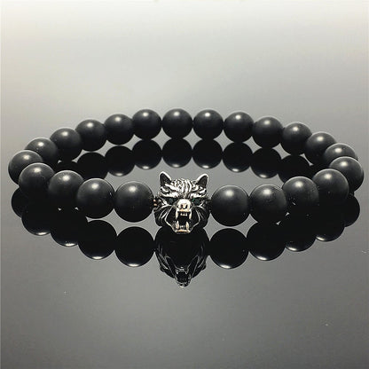 Natural Matte Onyx Gemstone with Wolf Charm Spacer Bracelets Elastic Stretch Bracelet