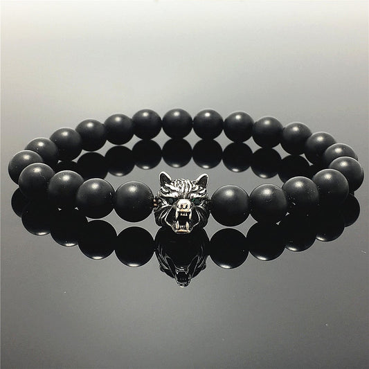 Natural Matte Onyx Gemstone with Wolf Charm Spacer Bracelets Elastic Stretch Bracelet