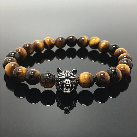 Natural Tiger Eyes Gemstone with Wolf Charm Spacer Bracelets Elastic Stretch Bracelet