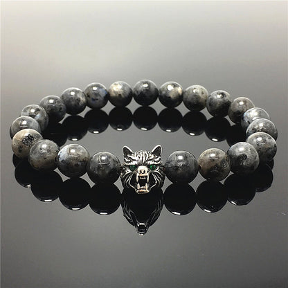 Natural Labradorite Gemstone with Wolf Charm Spacer Bracelets Elastic Stretch Bracelet