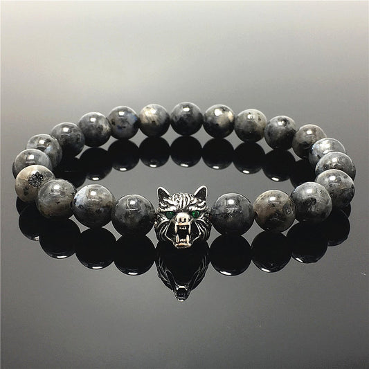Natural Labradorite Gemstone with Wolf Charm Spacer Bracelets Elastic Stretch Bracelet