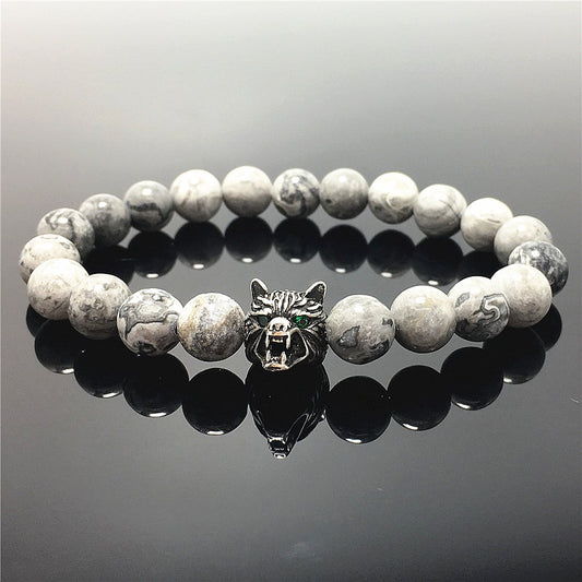 Natural Map Stone Gemstone with Wolf Charm Spacer Bracelets Elastic Stretch Bracelet