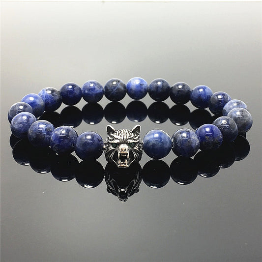 Natural Blue Sodalite Gemstone with Wolf Charm Spacer Bracelets Elastic Stretch Bracelet