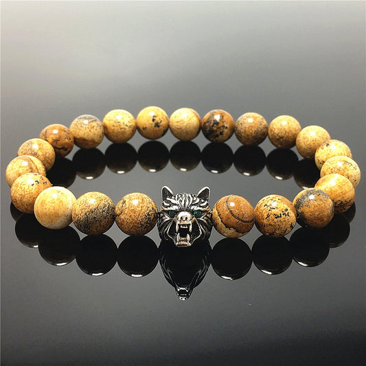 Natural Picture Jasper Gemstone with Wolf Charm Spacer Bracelets Elastic Stretch Bracelet