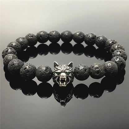 Natural Lava Stone Gemstone with Wolf Charm Spacer Bracelets Elastic Stretch Bracelet