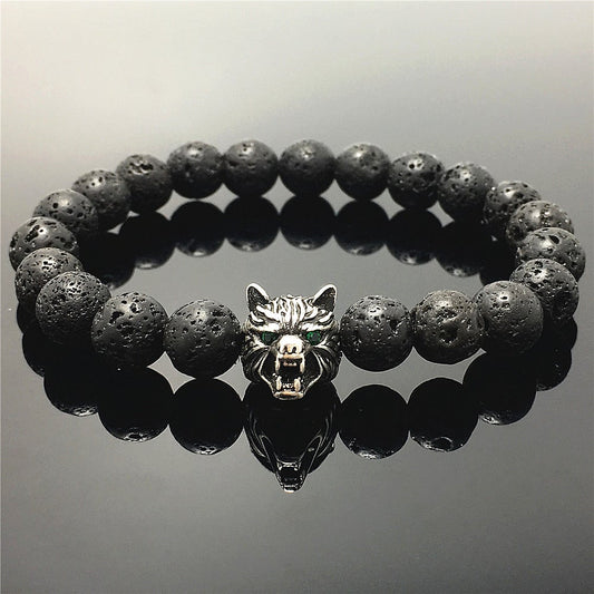 Natural Lava Stone Gemstone with Wolf Charm Spacer Bracelets Elastic Stretch Bracelet