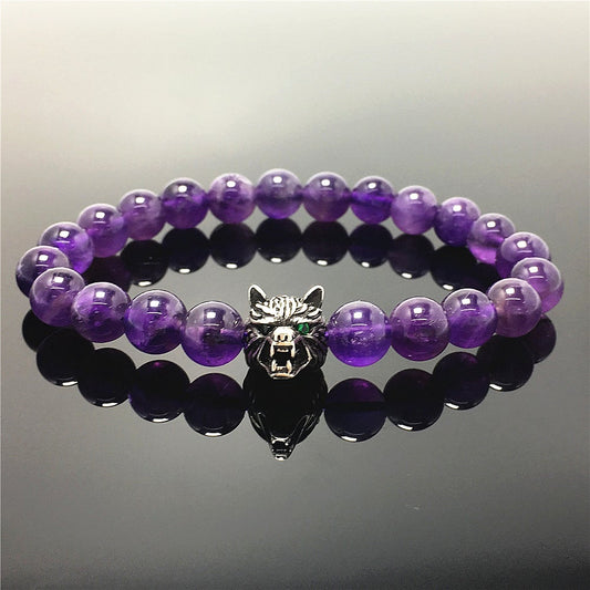 Natural Amethyst Gemstone with Wolf Charm Spacer Bracelets Elastic Stretch Bracelet