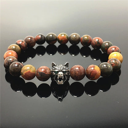Natural Picasso Jasper Gemstone with Wolf Charm Spacer Bracelets Elastic Stretch Bracelet