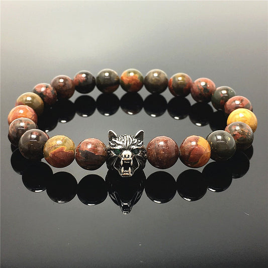 Natural Picasso Jasper Gemstone with Wolf Charm Spacer Bracelets Elastic Stretch Bracelet