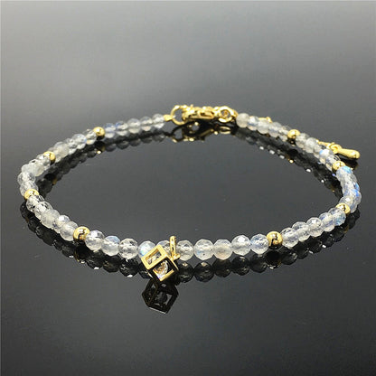 Labradorite Gemstone with Rhinestone Cubic Charm Adjustable Tiny Gemstone Beads Bracelet